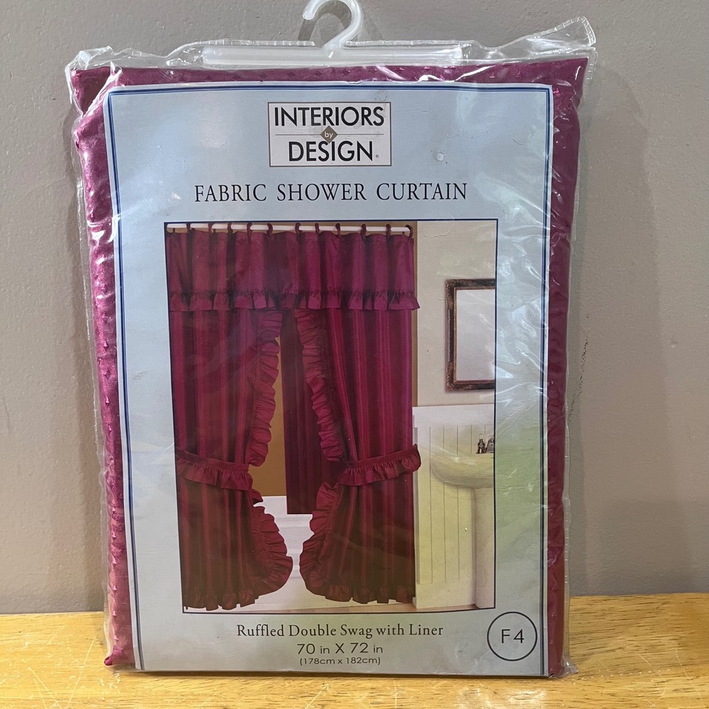 Interiors by Design Ruffled Double Swag Shower Curtain Set Burgundy 70x72 NEW
